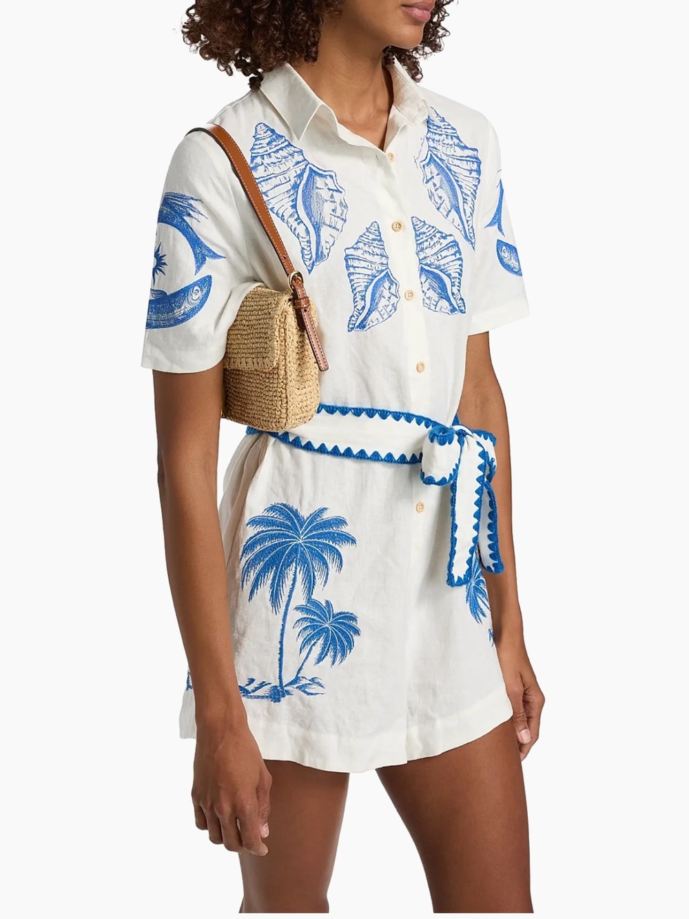 FARM Rio White Linen Romper with Blue Shell & Palm Print - Picture 4 of 16
